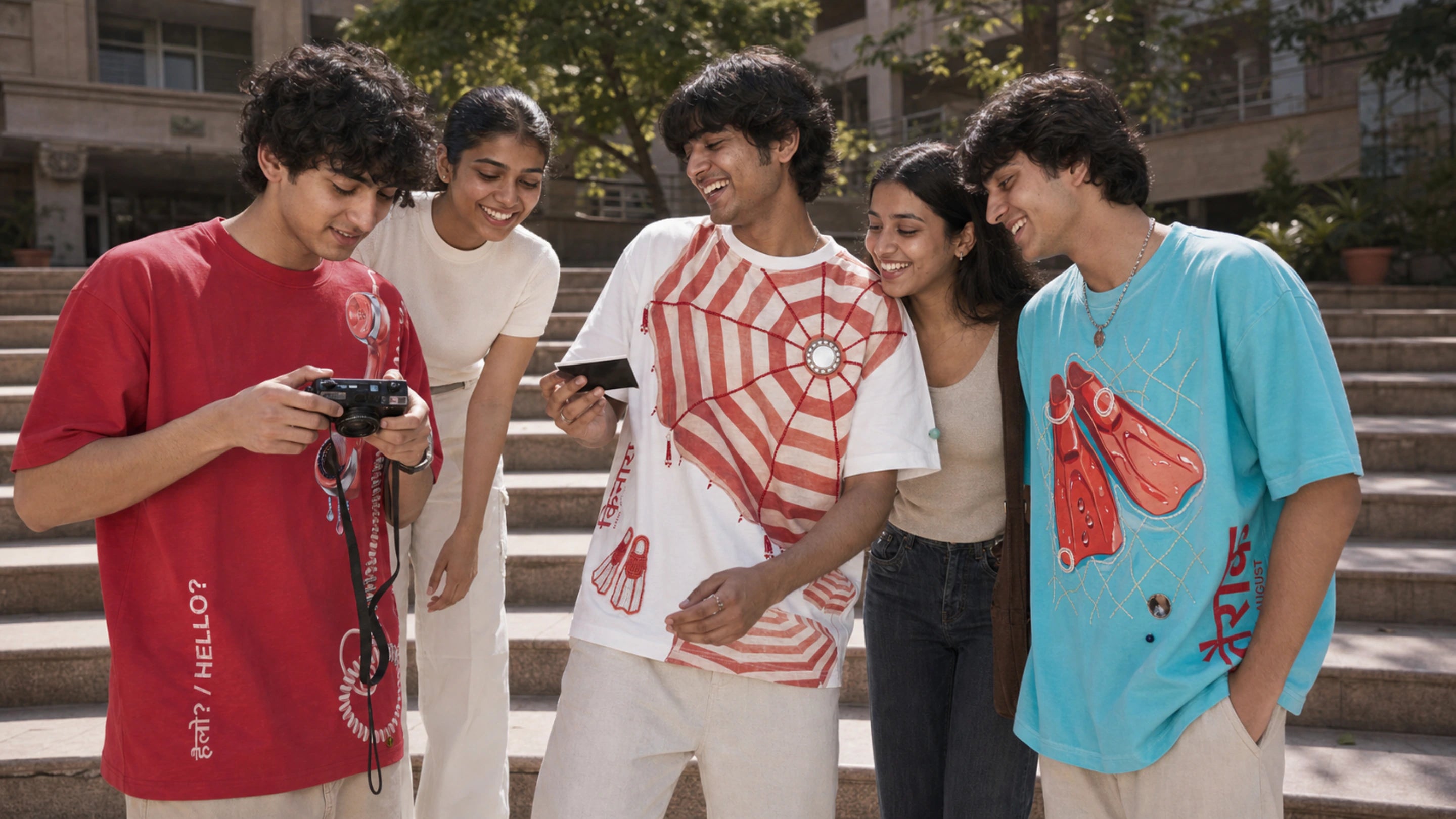 Five friends review camera photos on campus steps in HELLO, KINARA and TAIRAK tees.