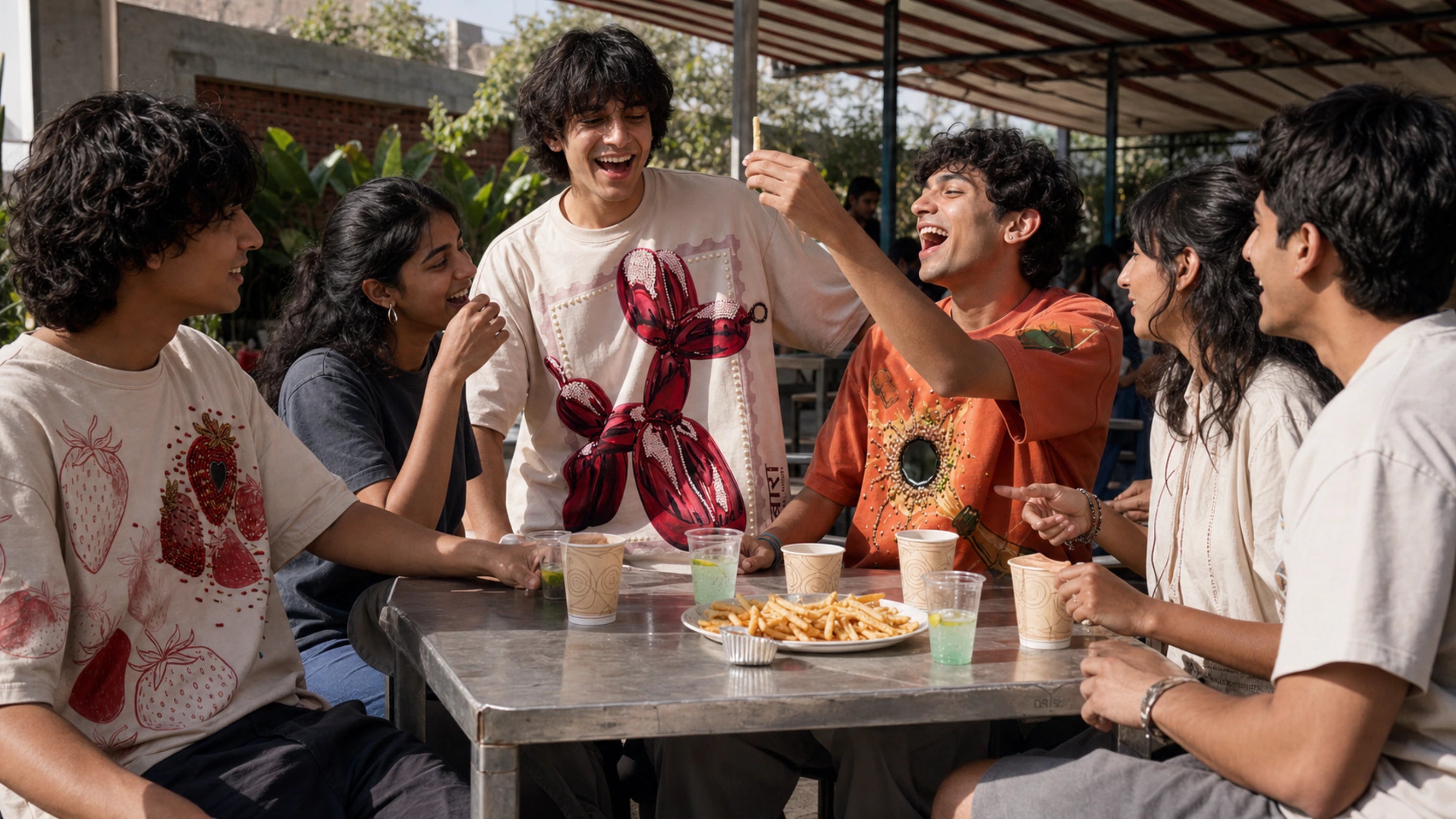 Six friends share fries at a sunlit college canteen in STRAWBERRY, GUBBARA and UCHHAL tees.