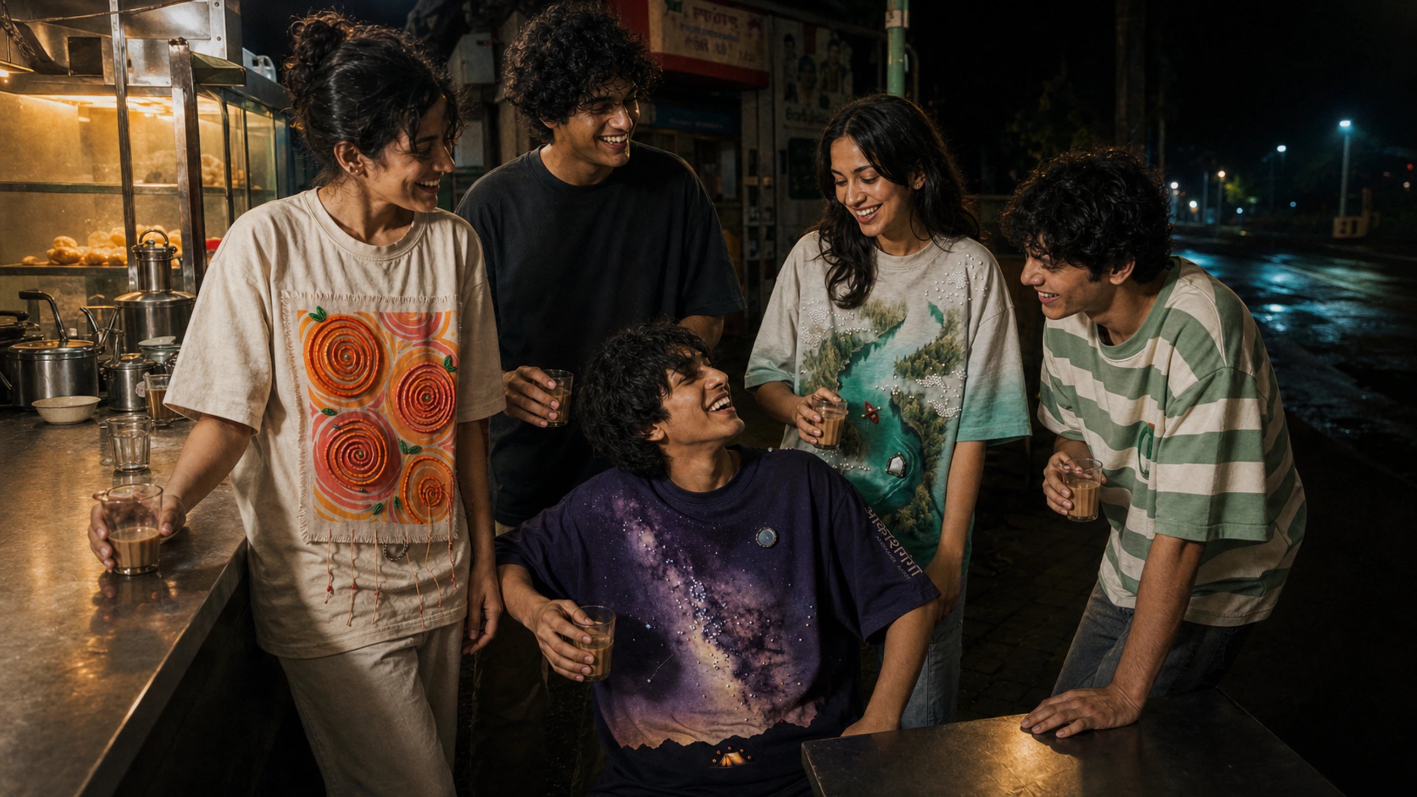 Six friends laugh over chai at a roadside stall wearing CHAMAK, AKASHGANGA and BADAL tees.
