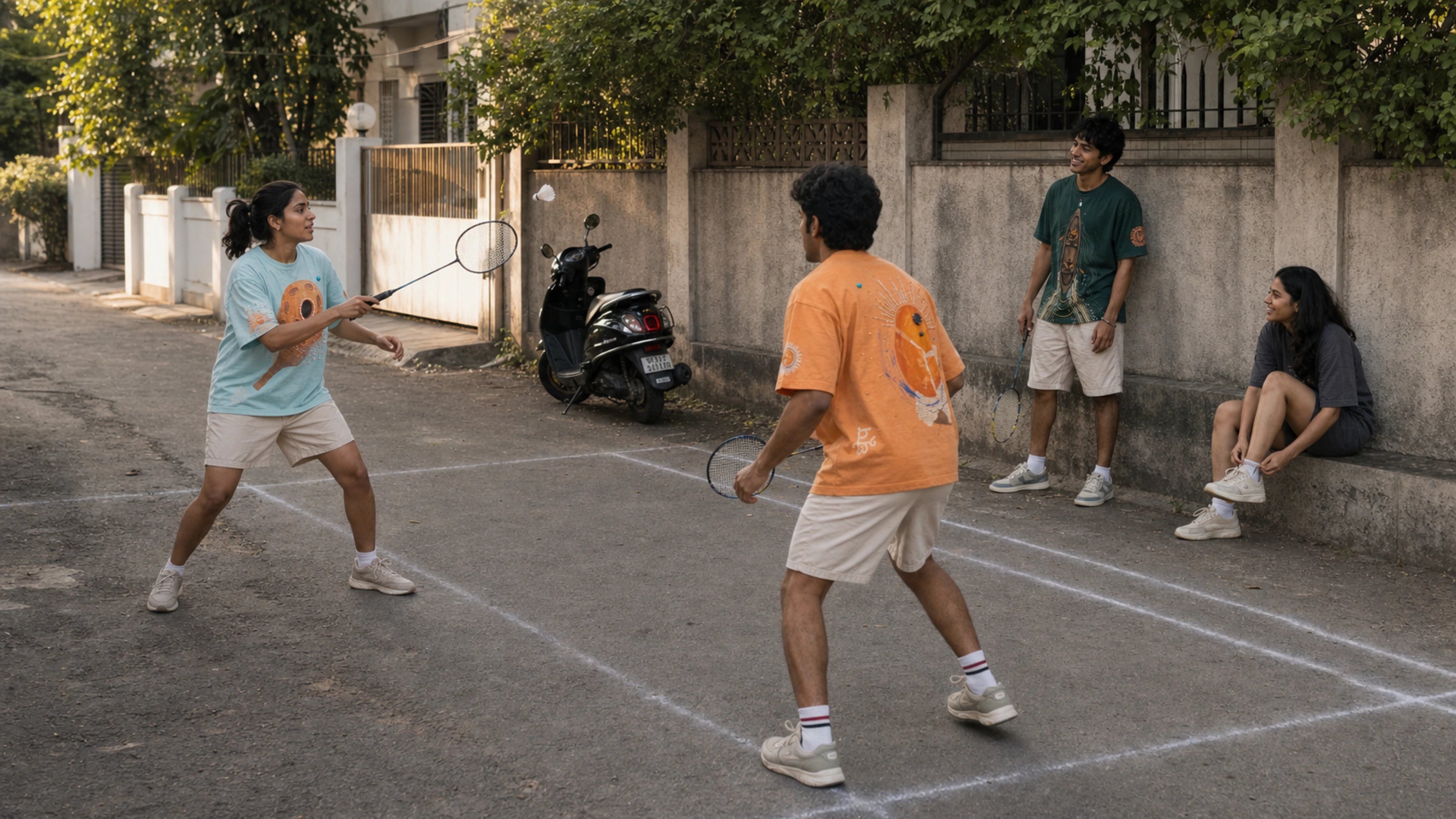 Four friends play badminton in a neighbourhood lane wearing CHHED, DHOOP and DONGI tees.