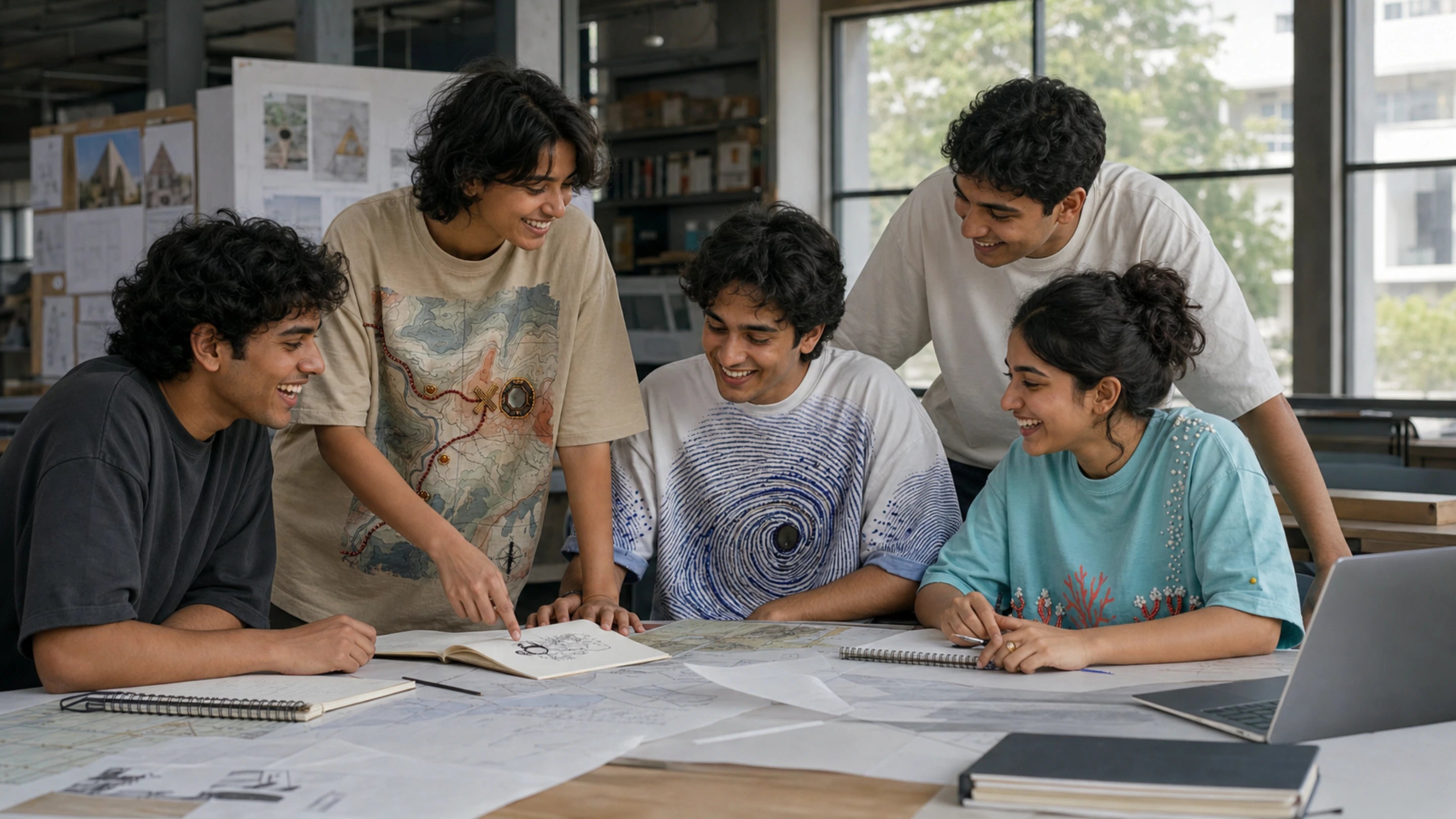 Five friends study around plans in a daylit architecture studio wearing NAKSHA, ANGULI and MOONGA tees.